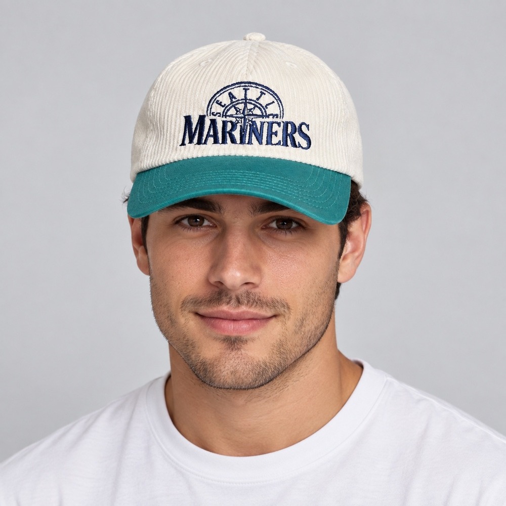 Vintage Seattle Mariners Hat Mens Cream Teal Alaska Airlines Melonwear Corduroy